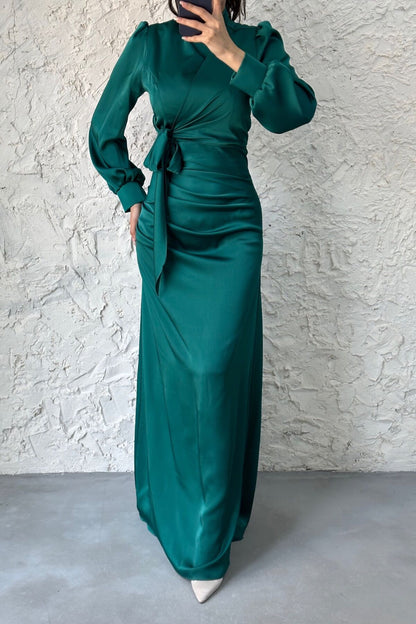 Satin  Evening Dress with Gathering and Knot Detail 6663