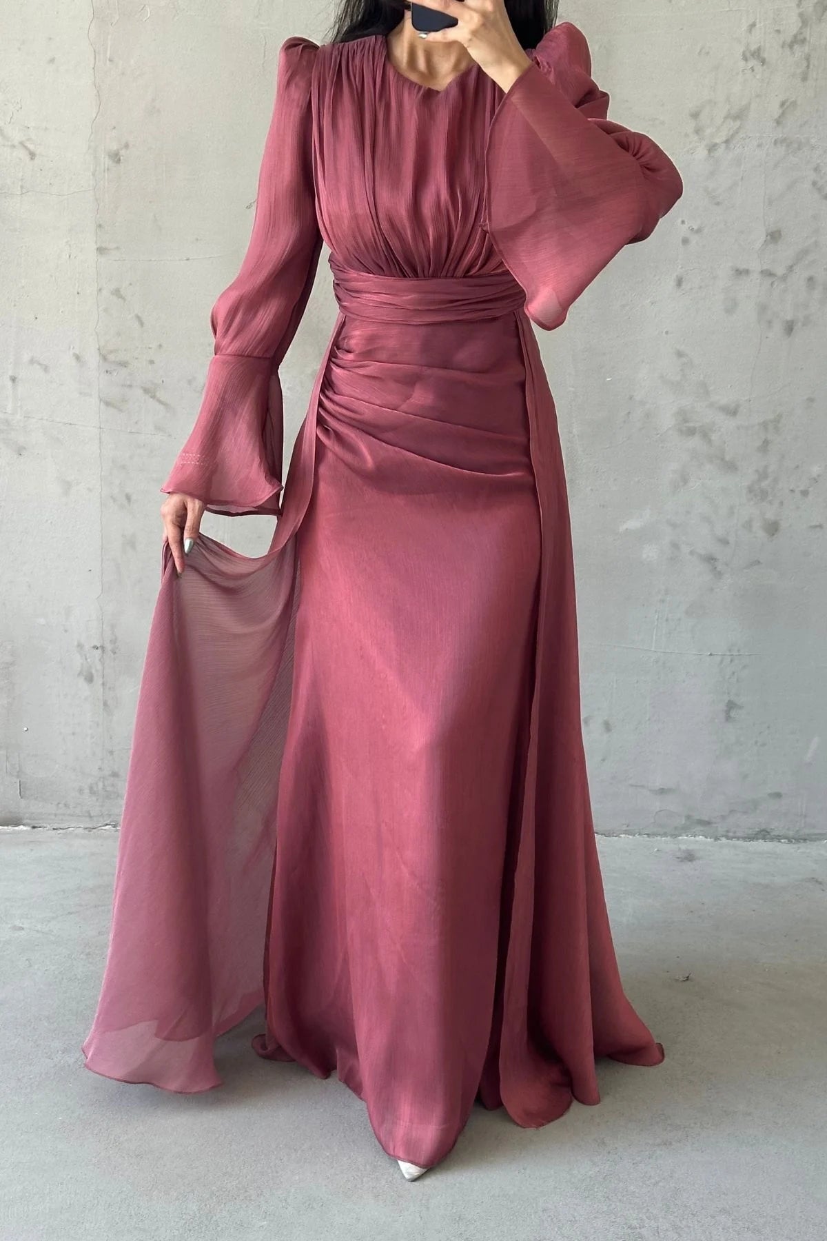 Drape and Cape Detailed Janjan Evening Dress 4986