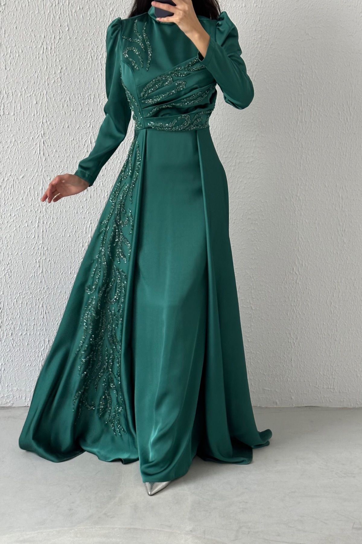 Satin Evening Dress with Cape and Stone Detail 6924