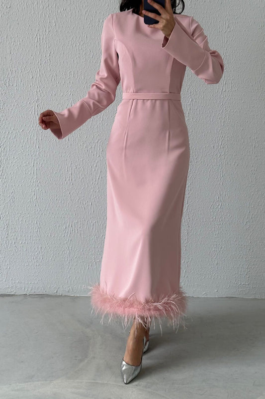 Feather Trimmed Crepe Elegance Dress 8008