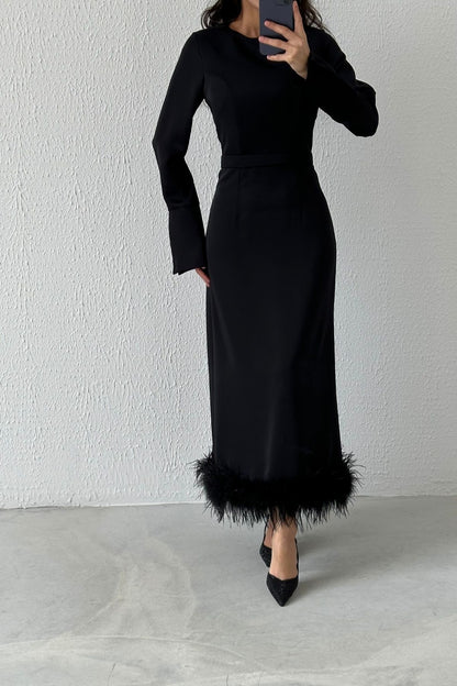 Feather Trimmed Crepe Elegance Dress 8008