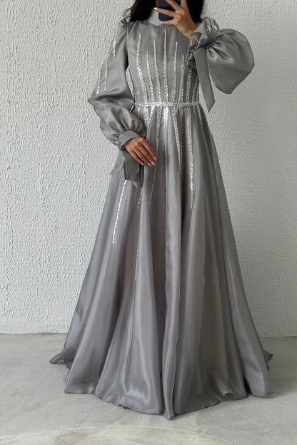 Comfortable Tie-Up Sleeve Detailed Organza  Evening Dress 0006