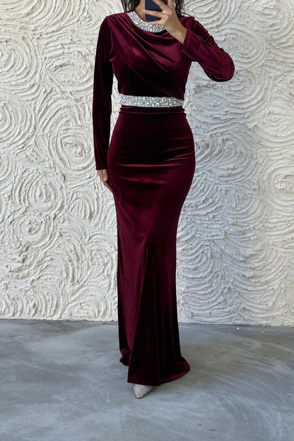 Elegant Stone Detailed Velvet Evening Dress 8022