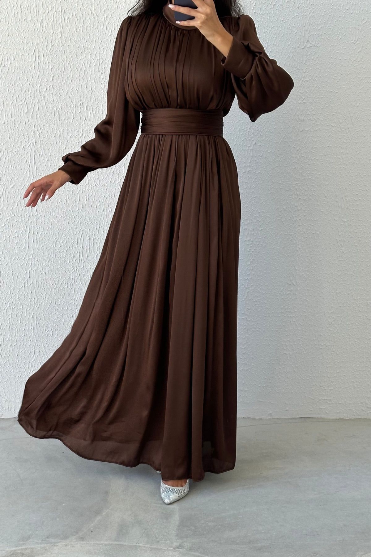Elegant Pleated Organza Modest Evening Dress 4564