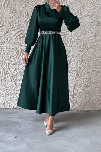 Glittery Belt Detailed Basic Satin  Evening Dress Burgundy 6132