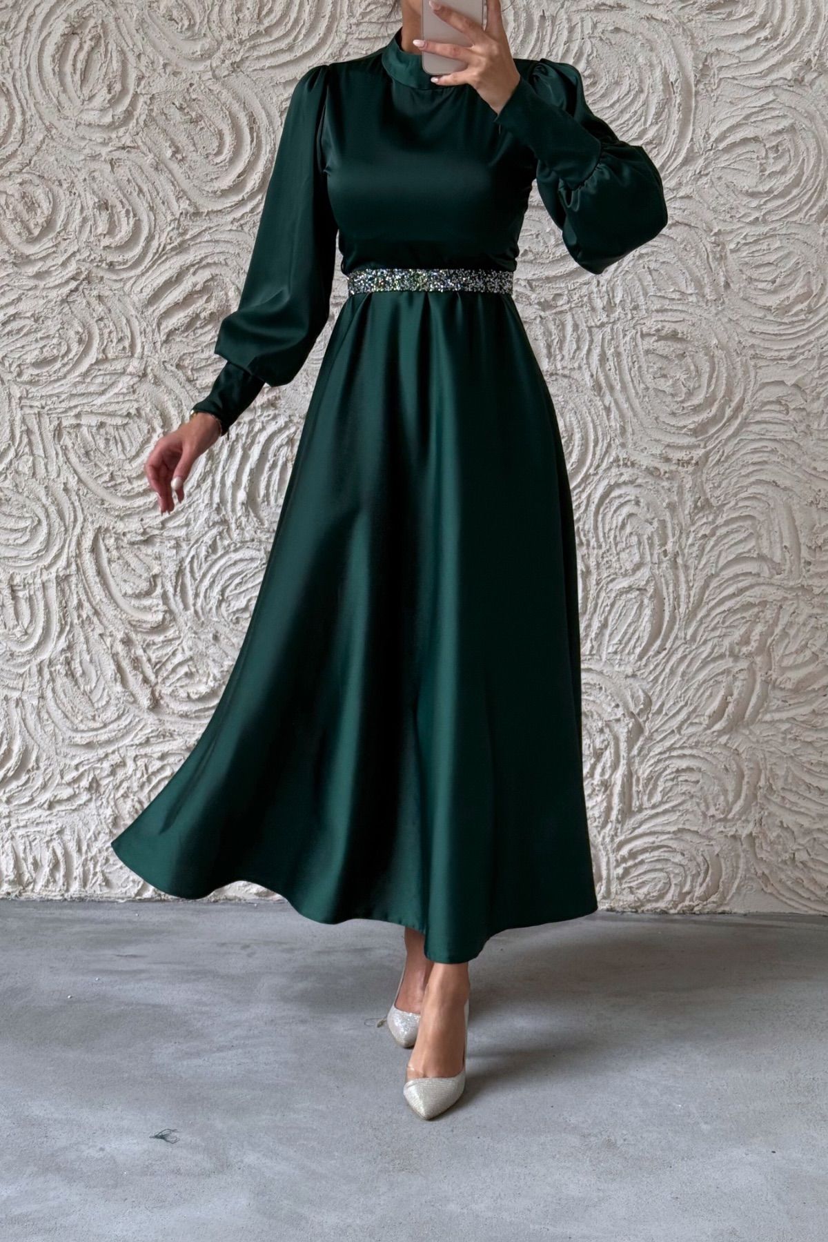 Glittery Belt Detailed Basic Satin  Evening Dress Burgundy 6132