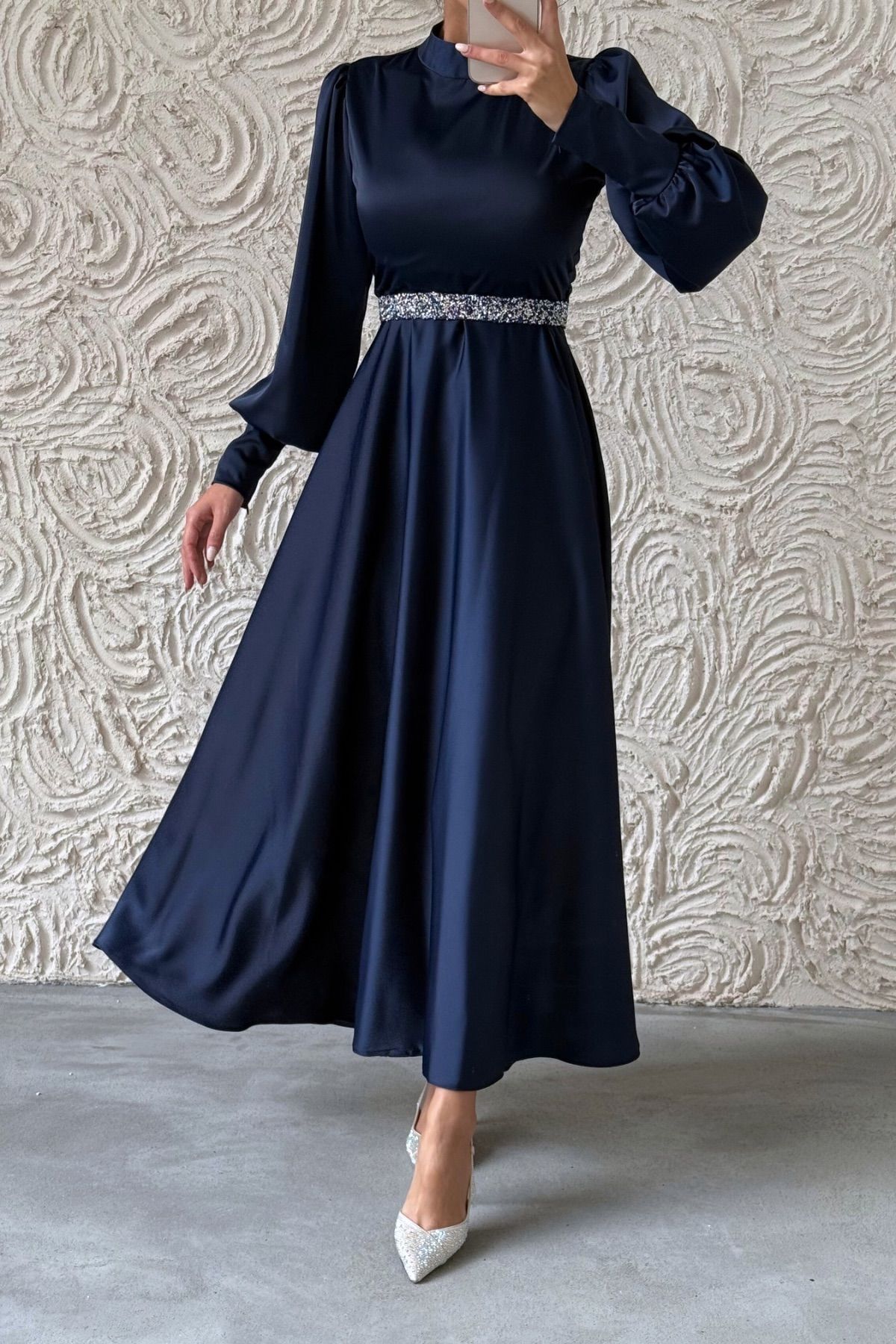 Glittery Belt Detailed Basic Satin  Evening Dress Burgundy 6132