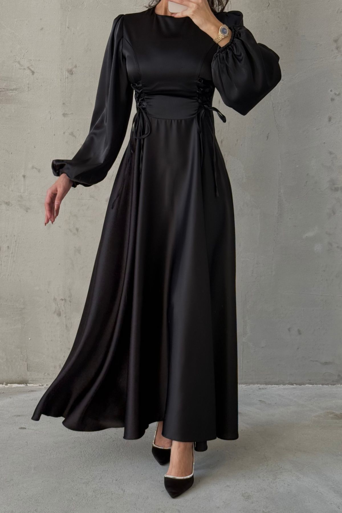 Waist-Tie Balloon Sleeve Satin Evening Dress 6150