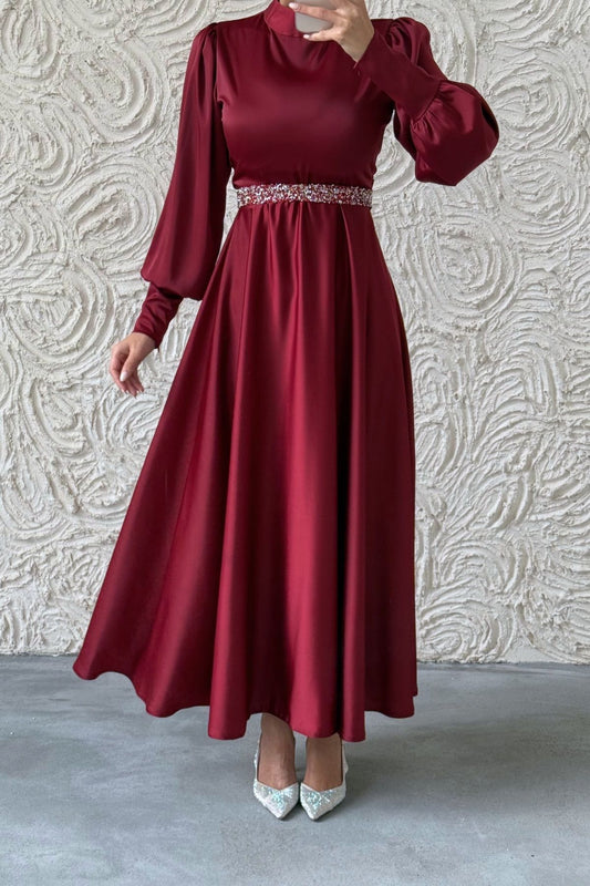 Glittery Belt Detailed Basic Satin  Evening Dress Burgundy 6132