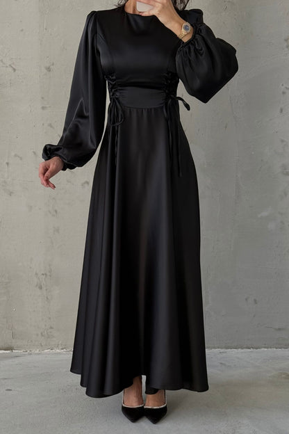 Waist-Tie Balloon Sleeve Satin Evening Dress 6150