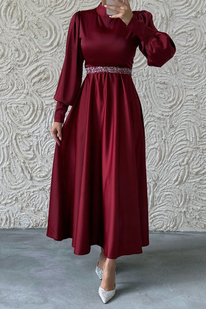 Glittery Belt Detailed Basic Satin  Evening Dress Burgundy 6132