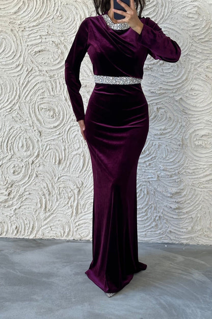Elegant Stone Detailed Velvet Evening Dress 8022