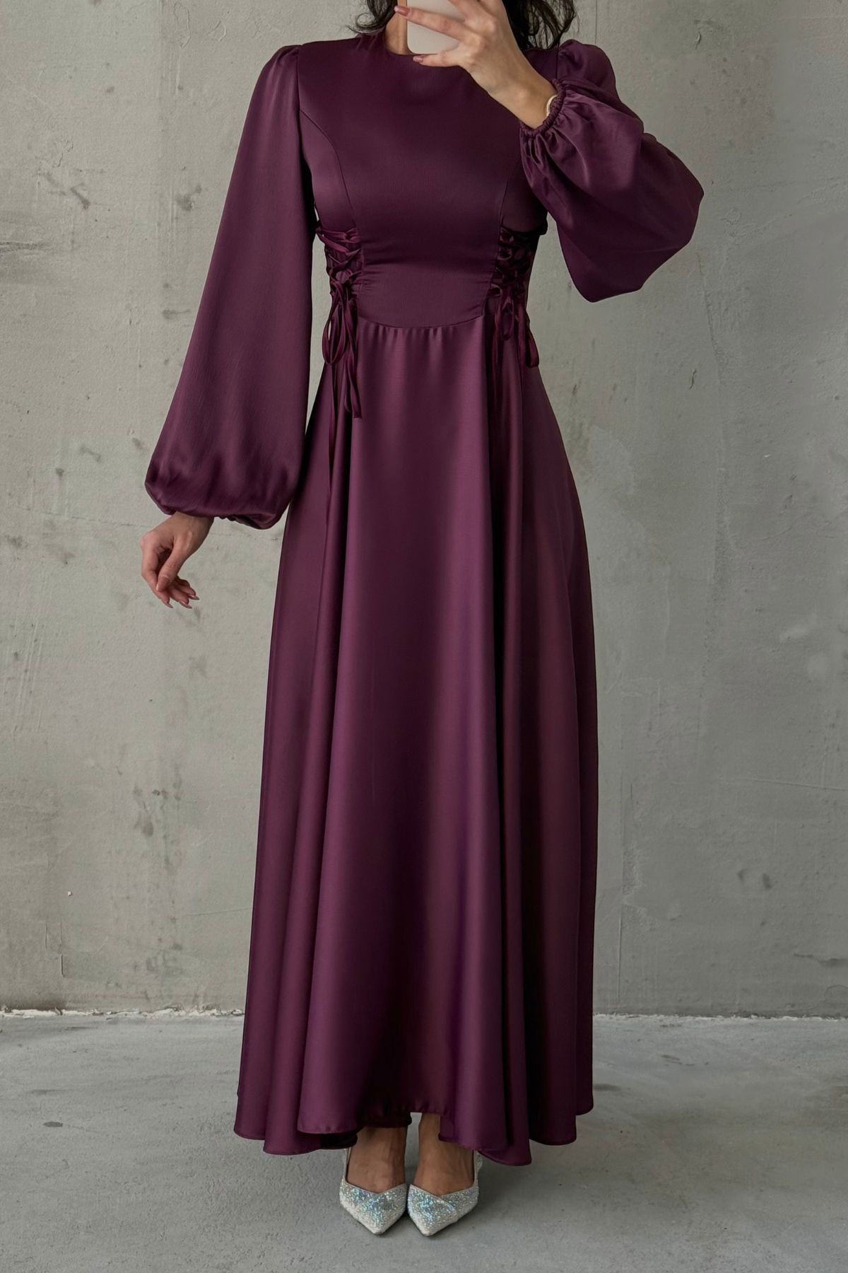Waist-Tie Balloon Sleeve Satin Evening Dress 6150