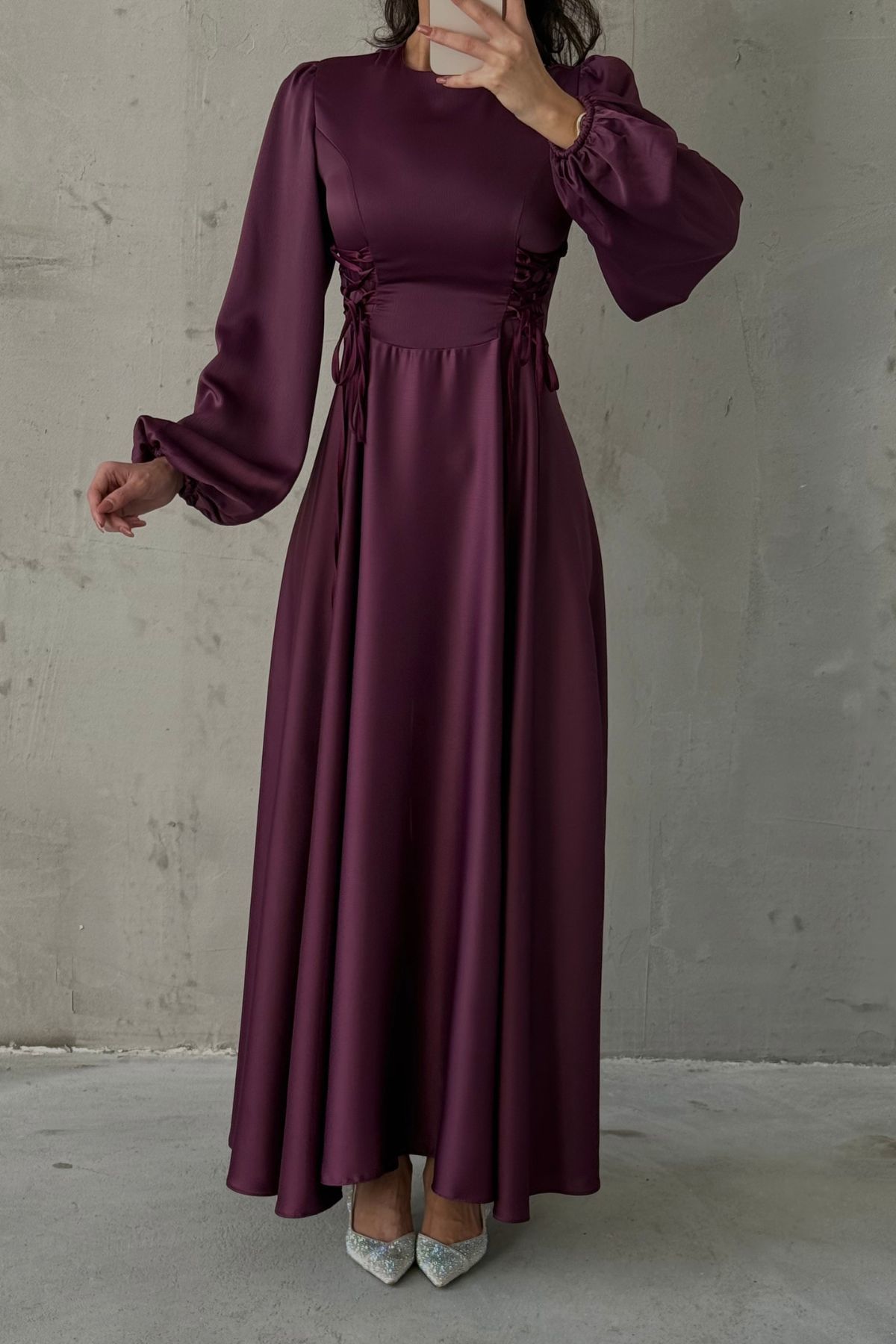 Waist-Tie Balloon Sleeve Satin Evening Dress 6150