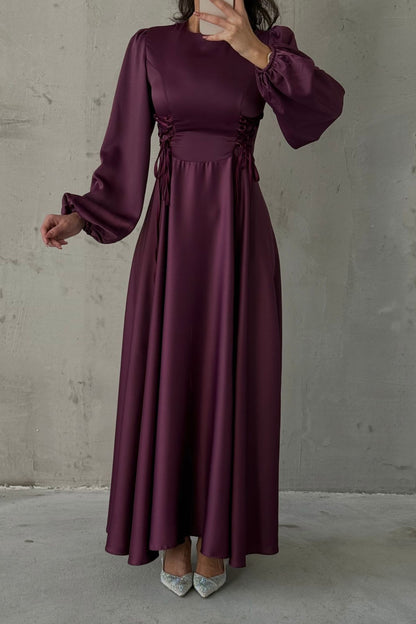 Waist-Tie Balloon Sleeve Satin Evening Dress 6150