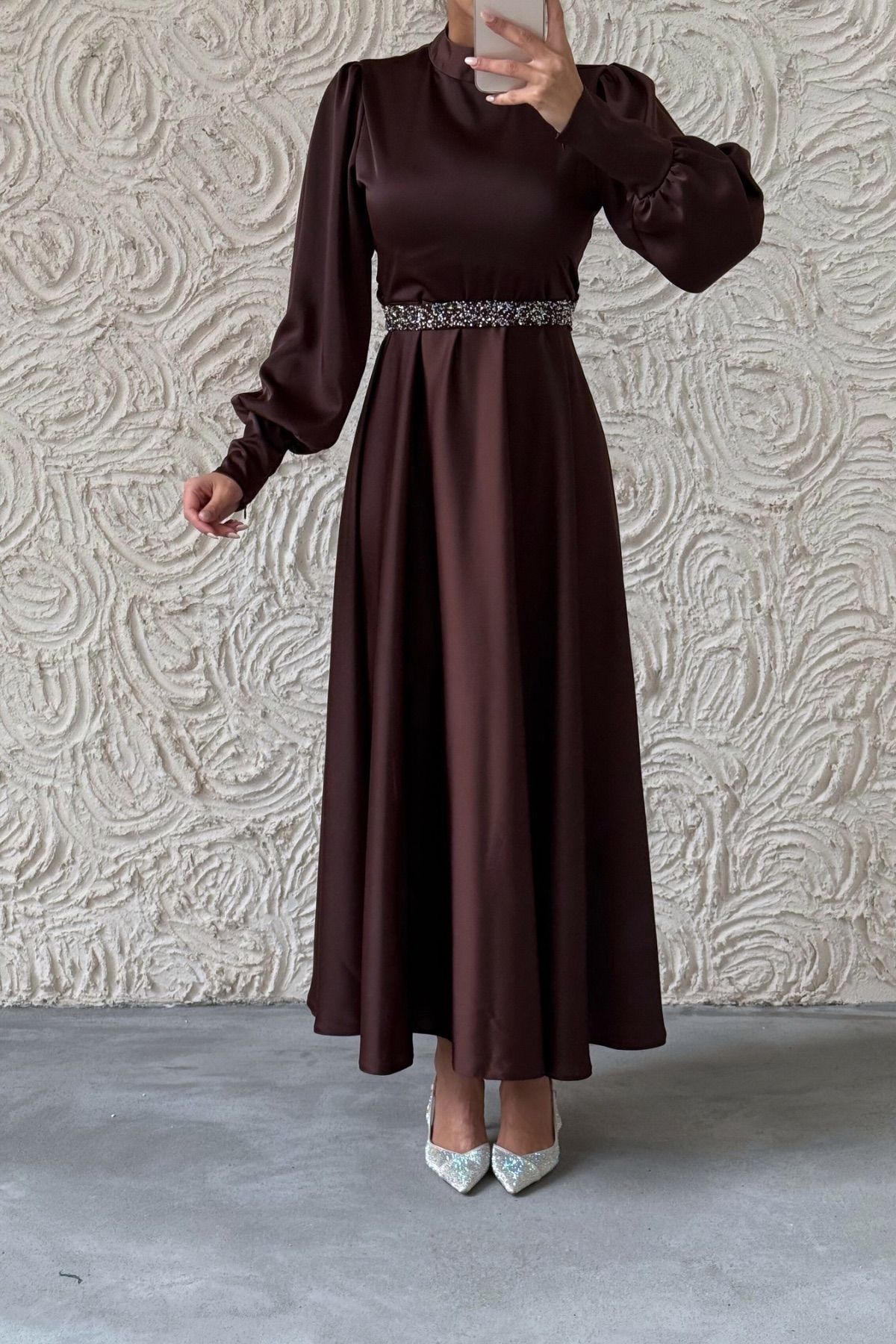 Glittery Belt Detailed Basic Satin  Evening Dress Burgundy 6132