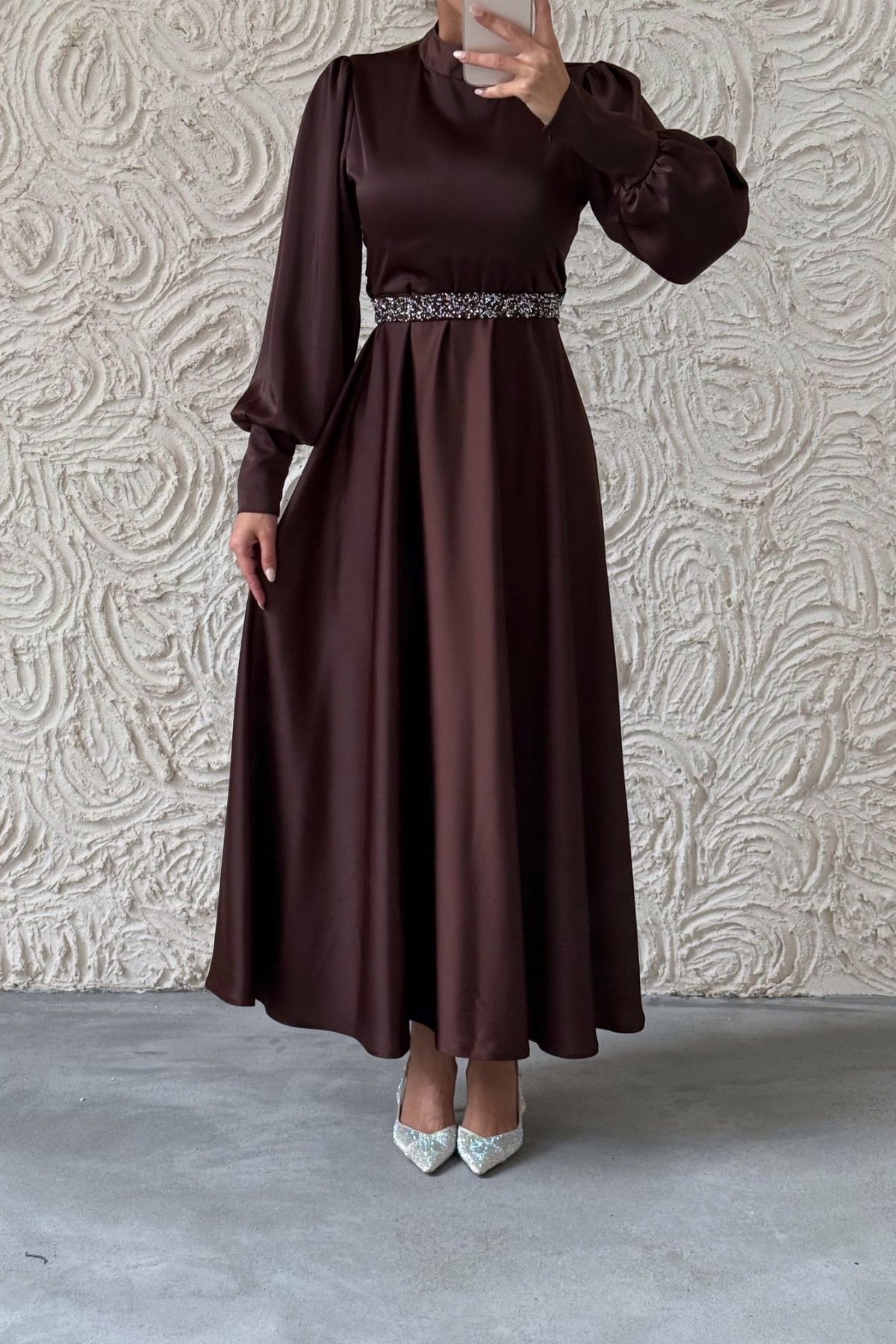 Glittery Belt Detailed Basic Satin  Evening Dress Burgundy 6132