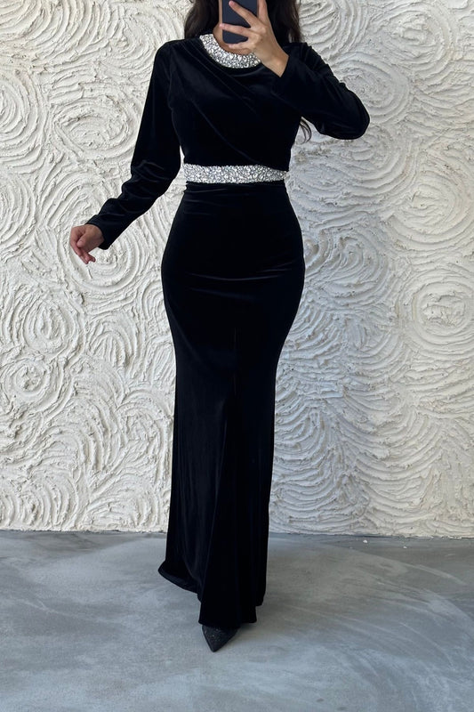 Elegant Stone Detailed Velvet Evening Dress 8022