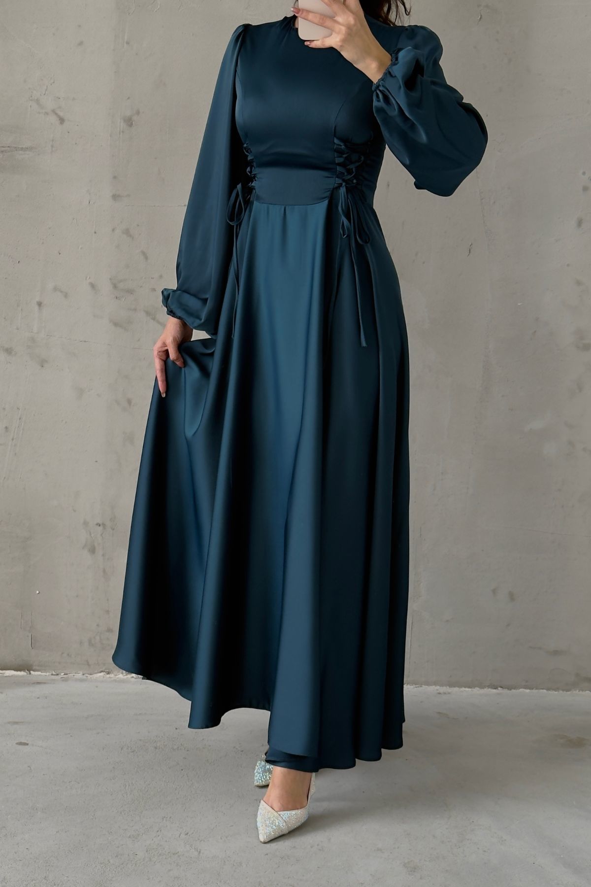 Waist-Tie Balloon Sleeve Satin Evening Dress 6150