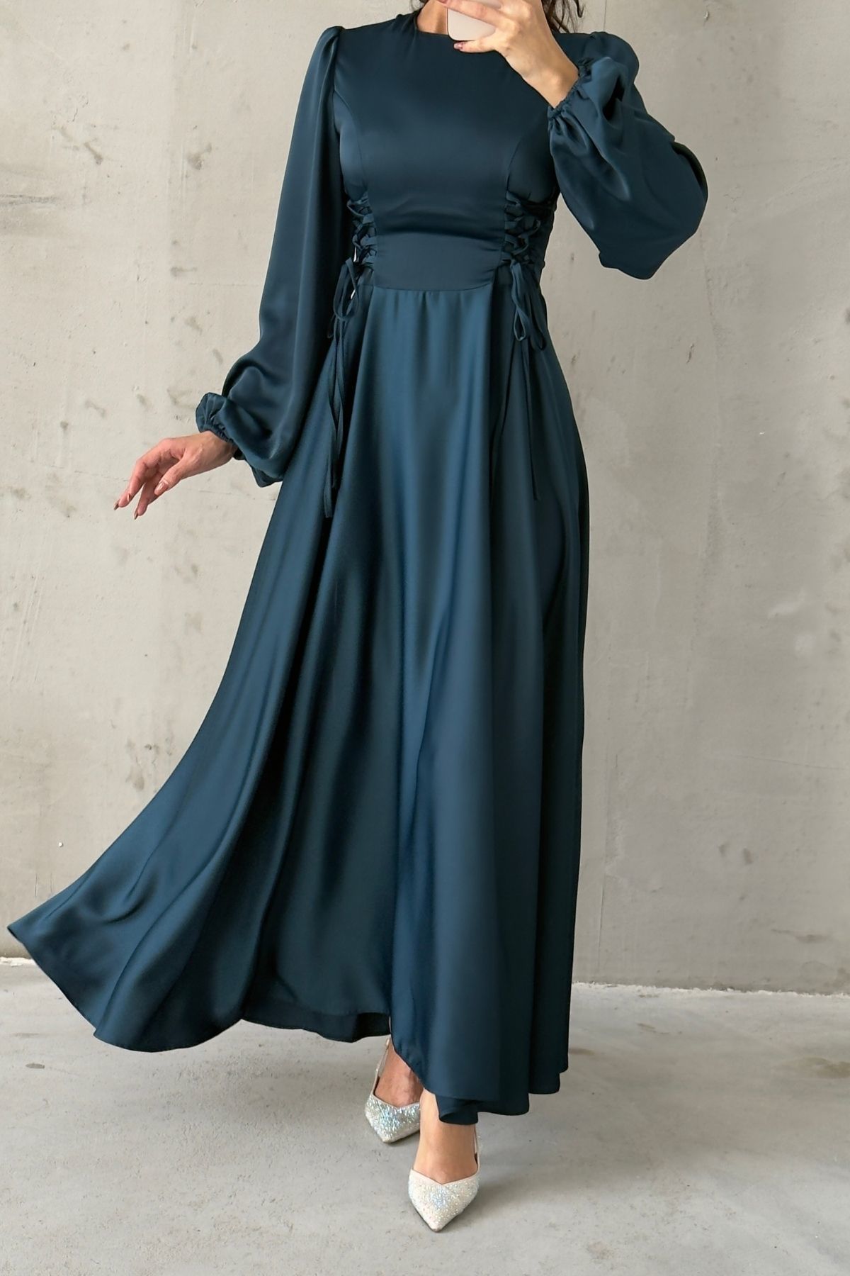 Waist-Tie Balloon Sleeve Satin Evening Dress 6150