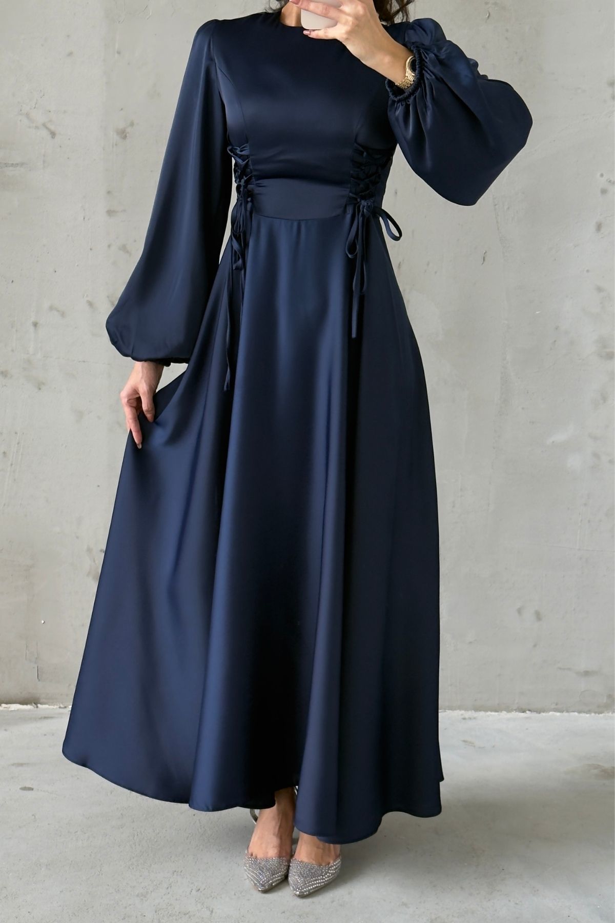 Waist-Tie Balloon Sleeve Satin Evening Dress 6150