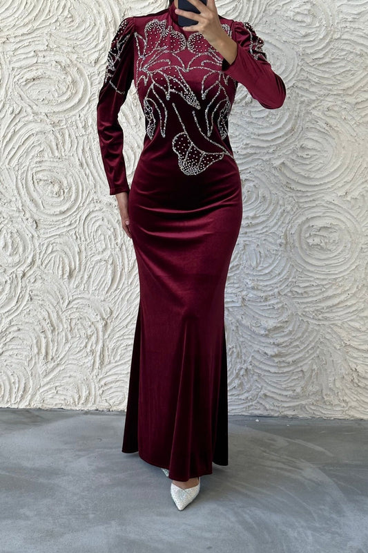 Fine Stone Embroidered Velvet Evening Dress 8023