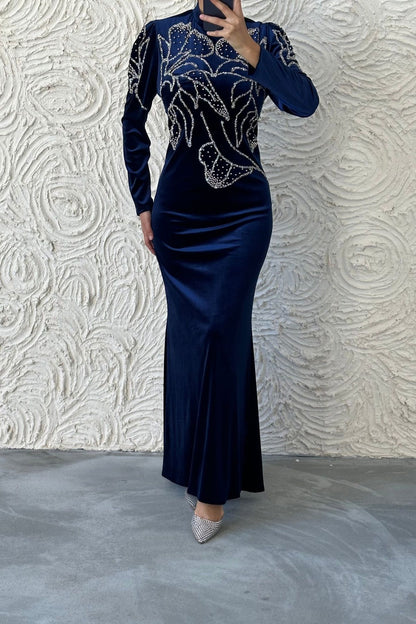Fine Stone Embroidered Velvet Evening Dress 8023