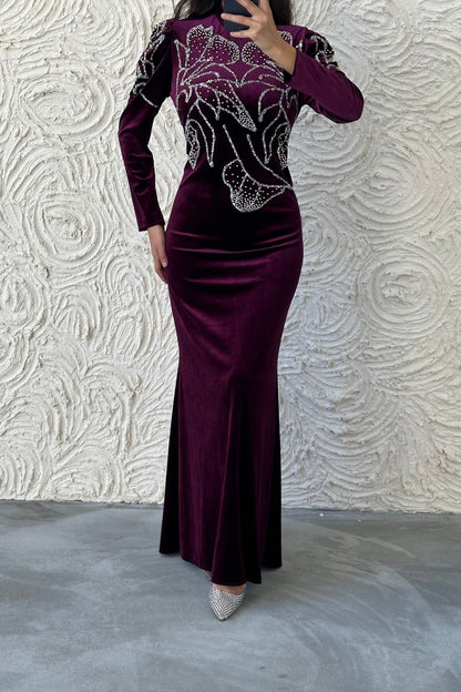 Fine Stone Embroidered Velvet Evening Dress 8023