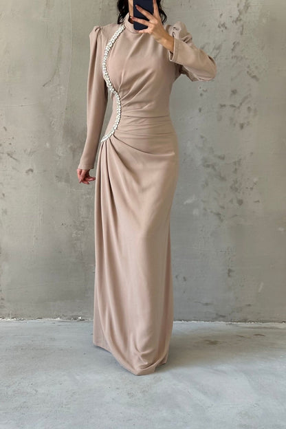 Elegant Stone Detailed Pleated Crepe Evening Dress 4657