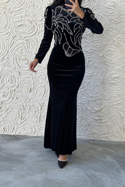 Fine Stone Embroidered Velvet Evening Dress 8023