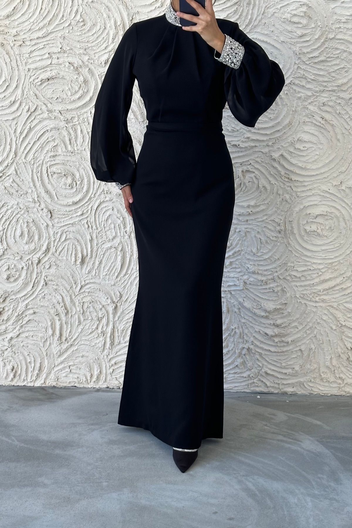 Simple and Stylish Balloon Sleeve Stone Detailed Crepe Evening Dress 8041