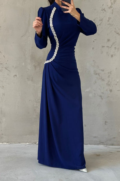 Elegant Stone Detailed Pleated Crepe Evening Dress 4657