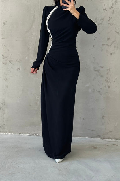 Elegant Stone Detailed Pleated Crepe Evening Dress 4657