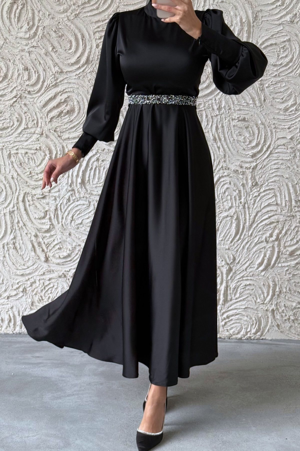 Glittery Belt Detailed Basic Satin  Evening Dress Burgundy 6132