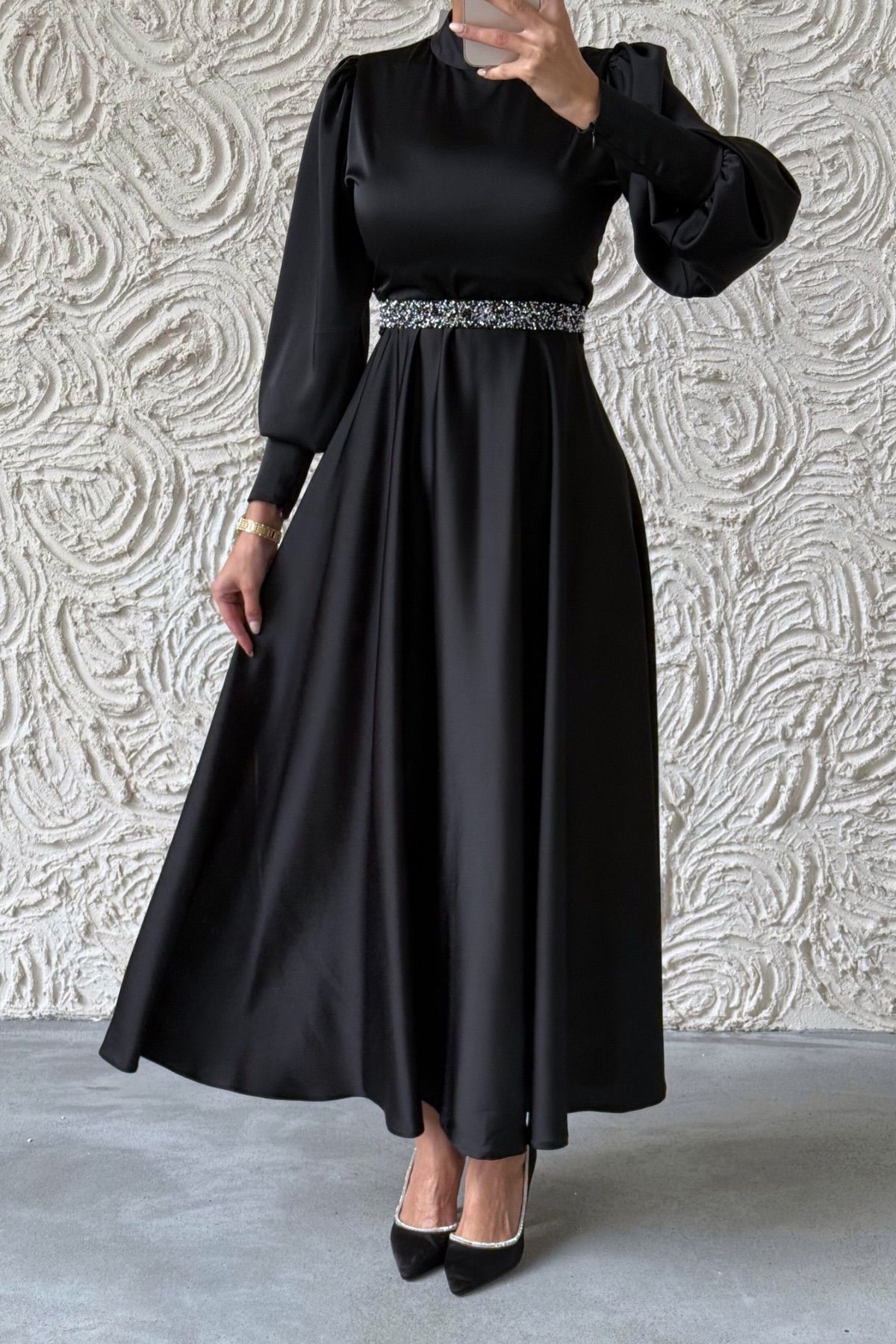 Glittery Belt Detailed Basic Satin  Evening Dress Burgundy 6132