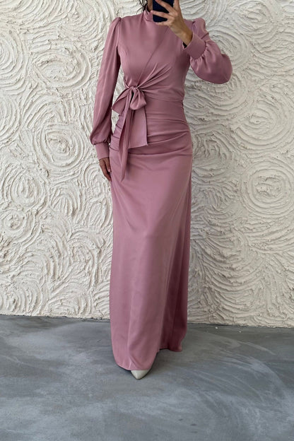 Satin  Evening Dress with Gathering and Knot Detail 6663