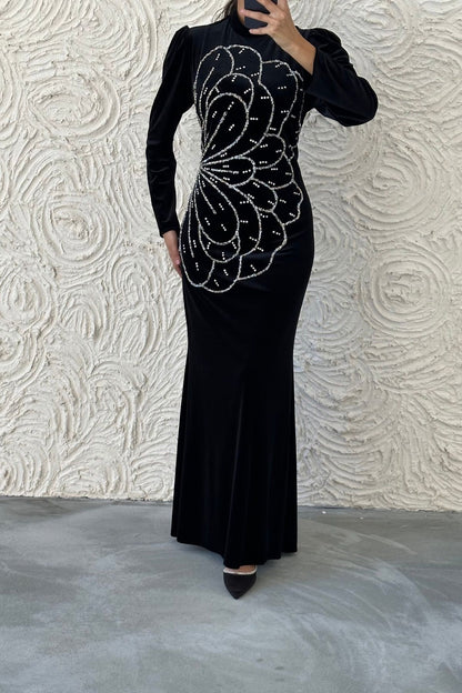 Unique Stone Embroidered Velvet Evening Dress 8025