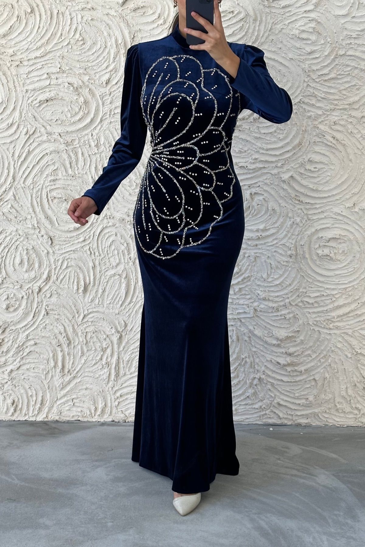 Unique Stone Embroidered Velvet Evening Dress 8025