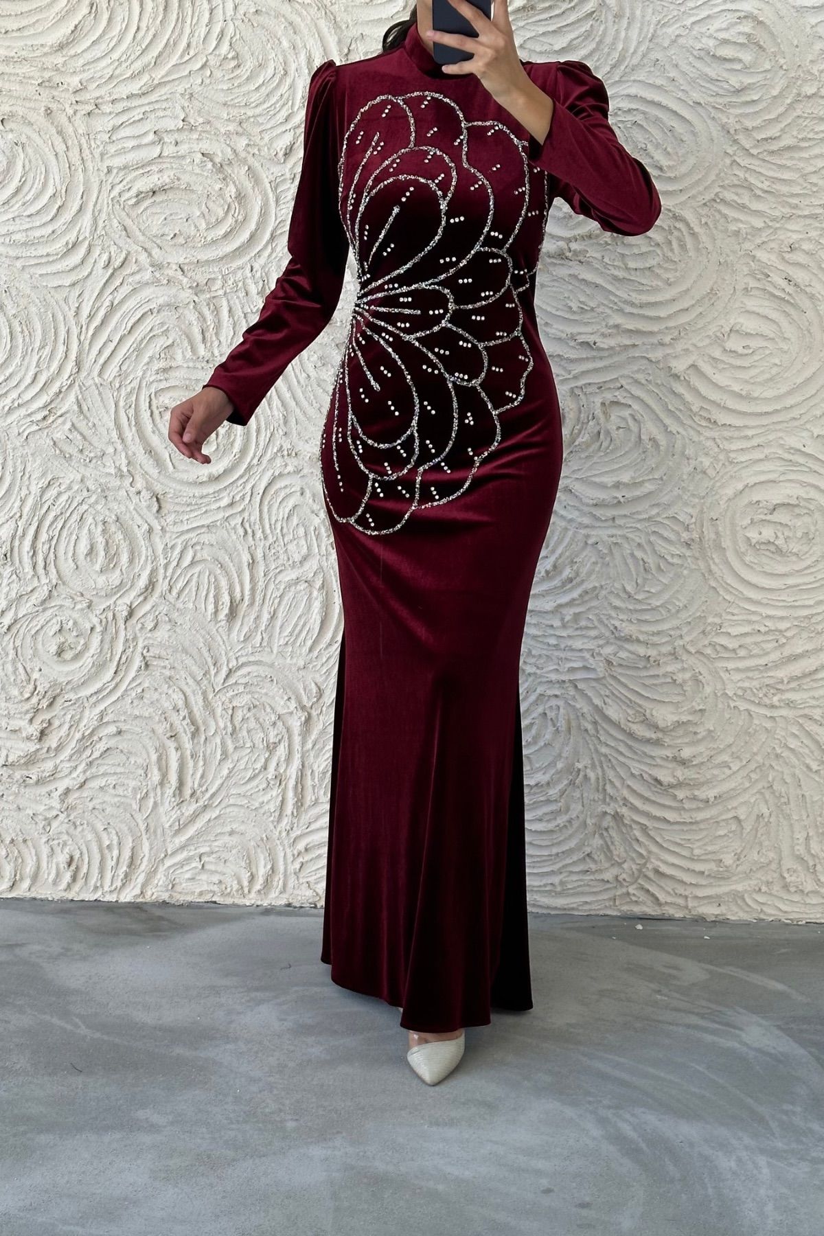 Unique Stone Embroidered Velvet Evening Dress 8025