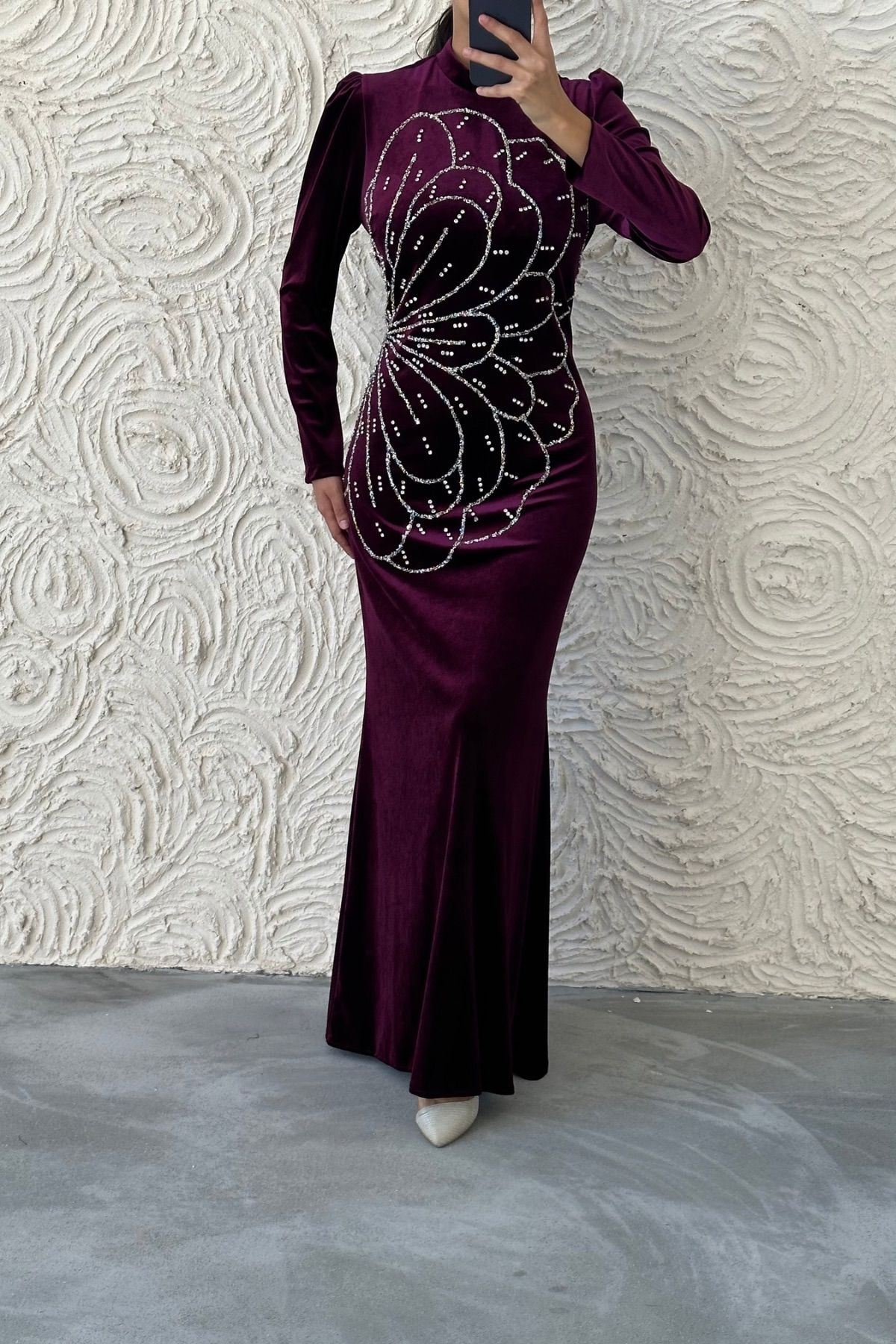 Unique Stone Embroidered Velvet Evening Dress 8025