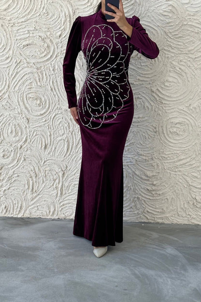 Unique Stone Embroidered Velvet Evening Dress 8025