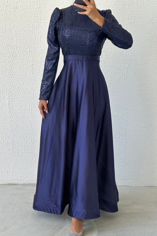 Sparkly Sequin Satin Hijab Evening Dress 4587