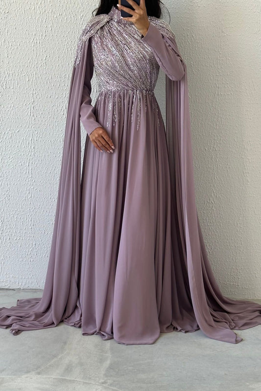 Sparkly Stone Embroidered Cape Model Chiffon Evening Dress 0009