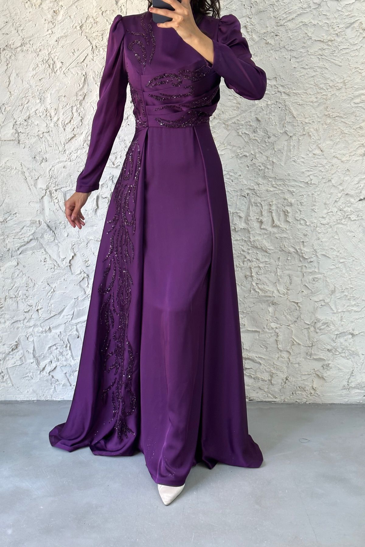 Satin Evening Dress with Cape and Stone Detail 6924