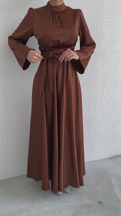 Flowing Elegance Flounce Sleeve Satin Evening Dress 6105