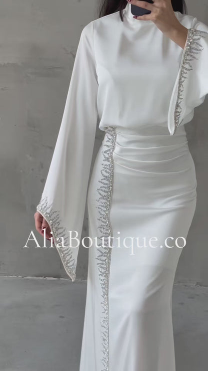 Flowing Sleeve Sparkly Embroidered Satin Evening Dress 5045