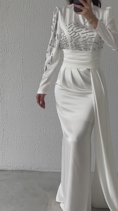 Stone Detailed Draped Bridal Evening Dress 8002