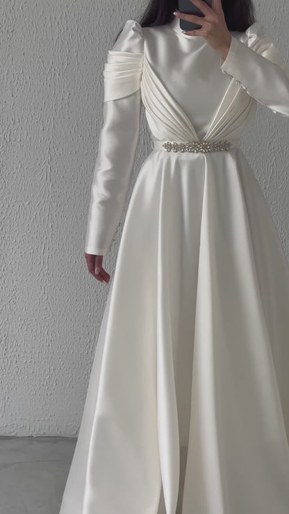 Satin Embellished Draped Bridal Evening Dress 0002