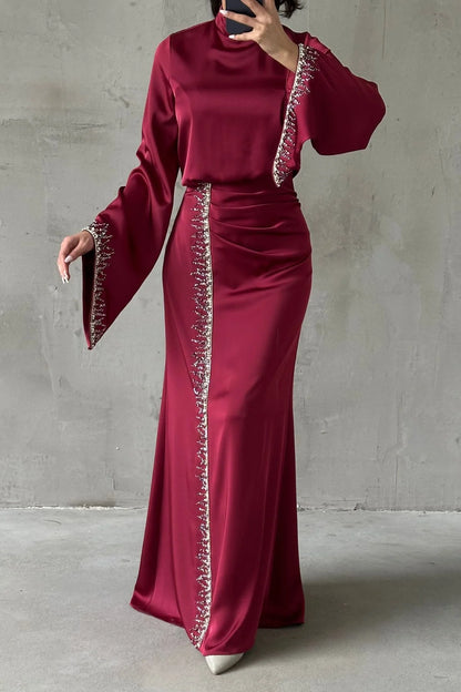 Flowing Sleeve Sparkly Embroidered Satin Evening Dress 5045