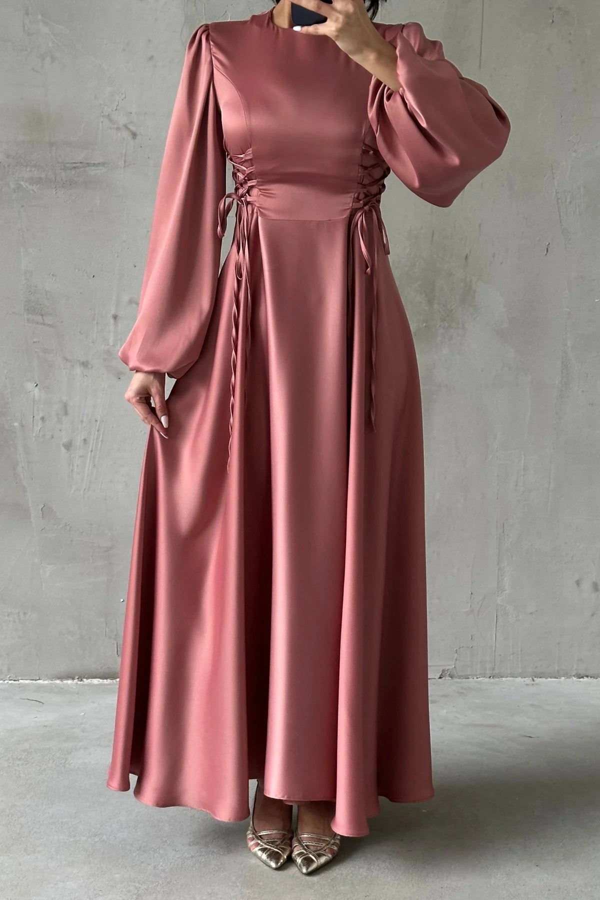 Waist-Tie Balloon Sleeve Satin Evening Dress 6150